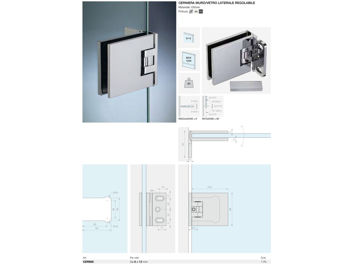 Cerniera muro/vetro laterale regolabile Logli Massimo Saint Gobain