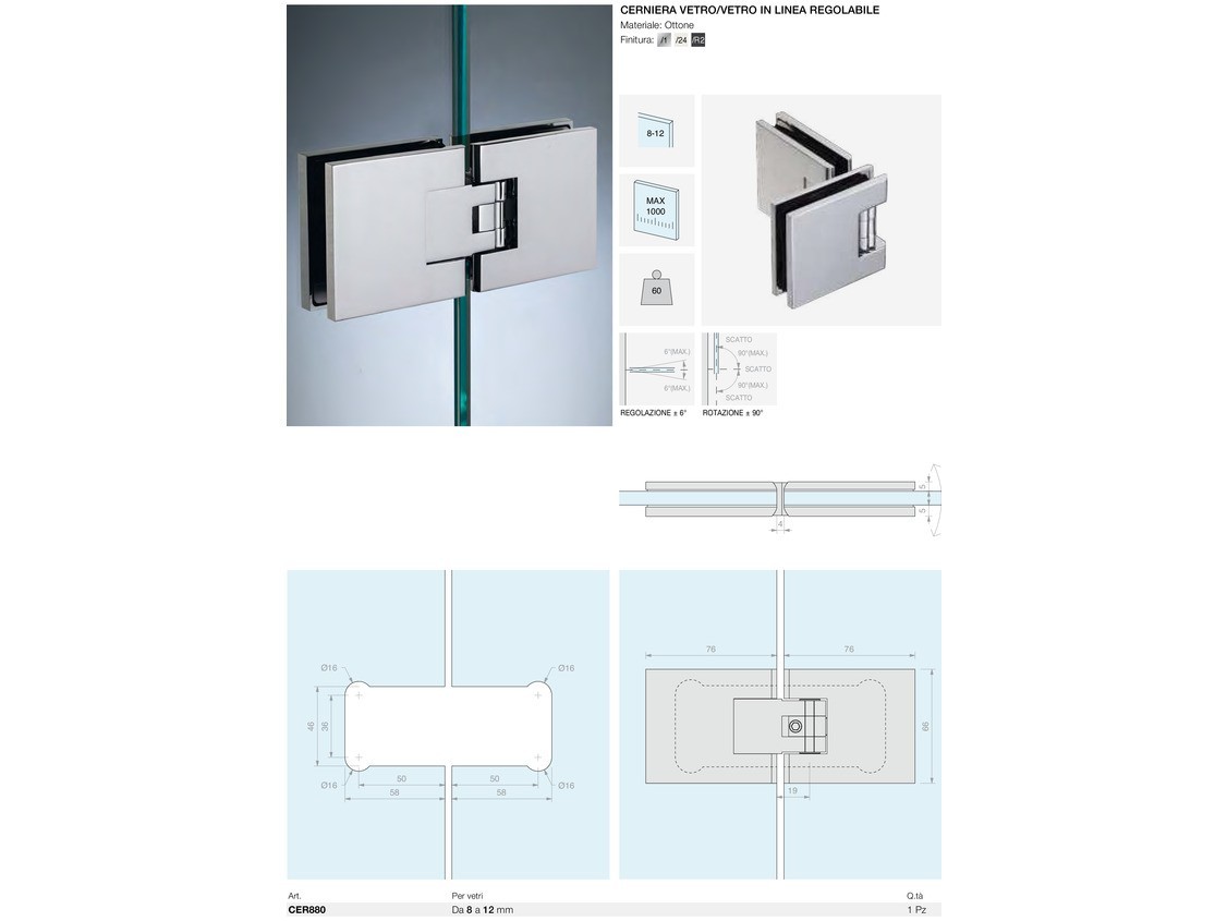 Cerniera vetro/vetro in linea regolabile Logli Massimo Saint Gobain