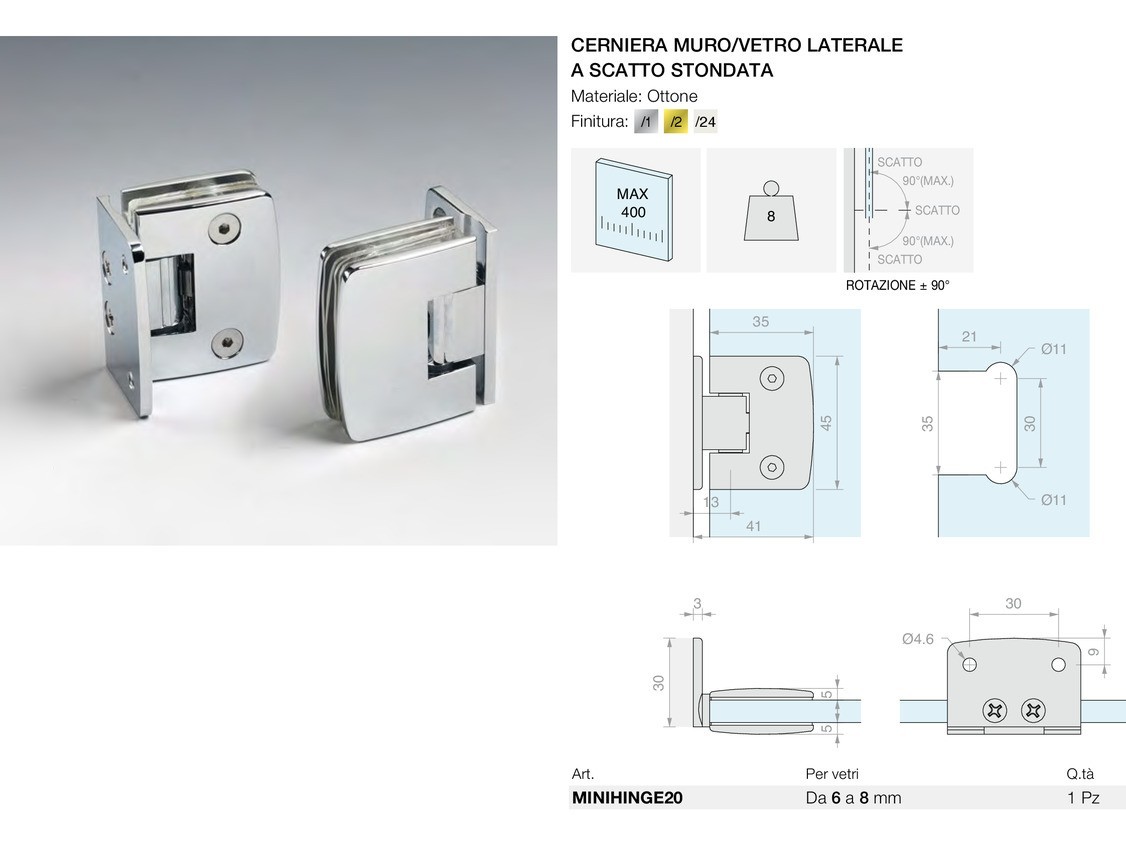 Cerniera muro/vetro laterale a scatto stondata Logli Massimo Saint Gobain