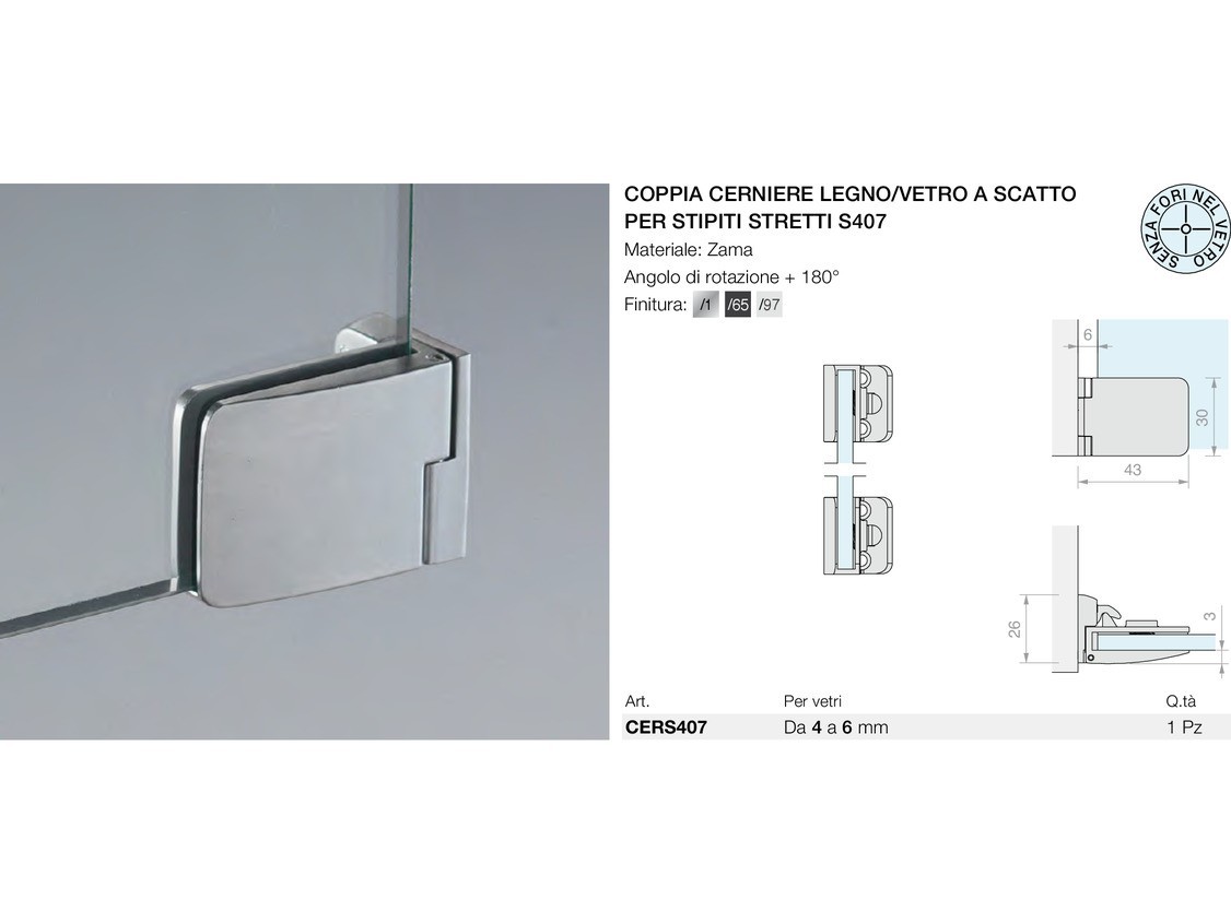 Coppia cerniere legno/vetro a scatto per stipiti stretti s407 Logli Massimo Saint Gobain