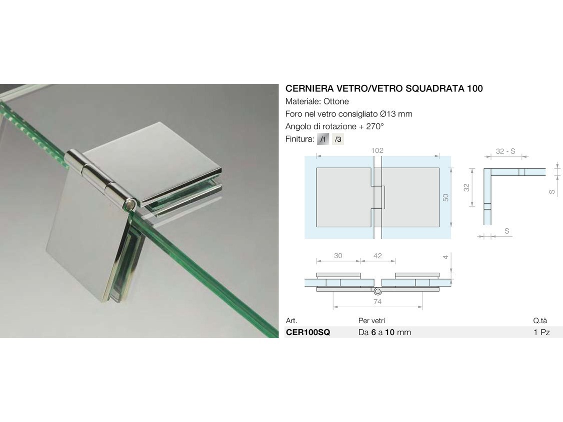 Cerniera vetro/vetro squadrata 100 Logli Massimo Saint Gobain