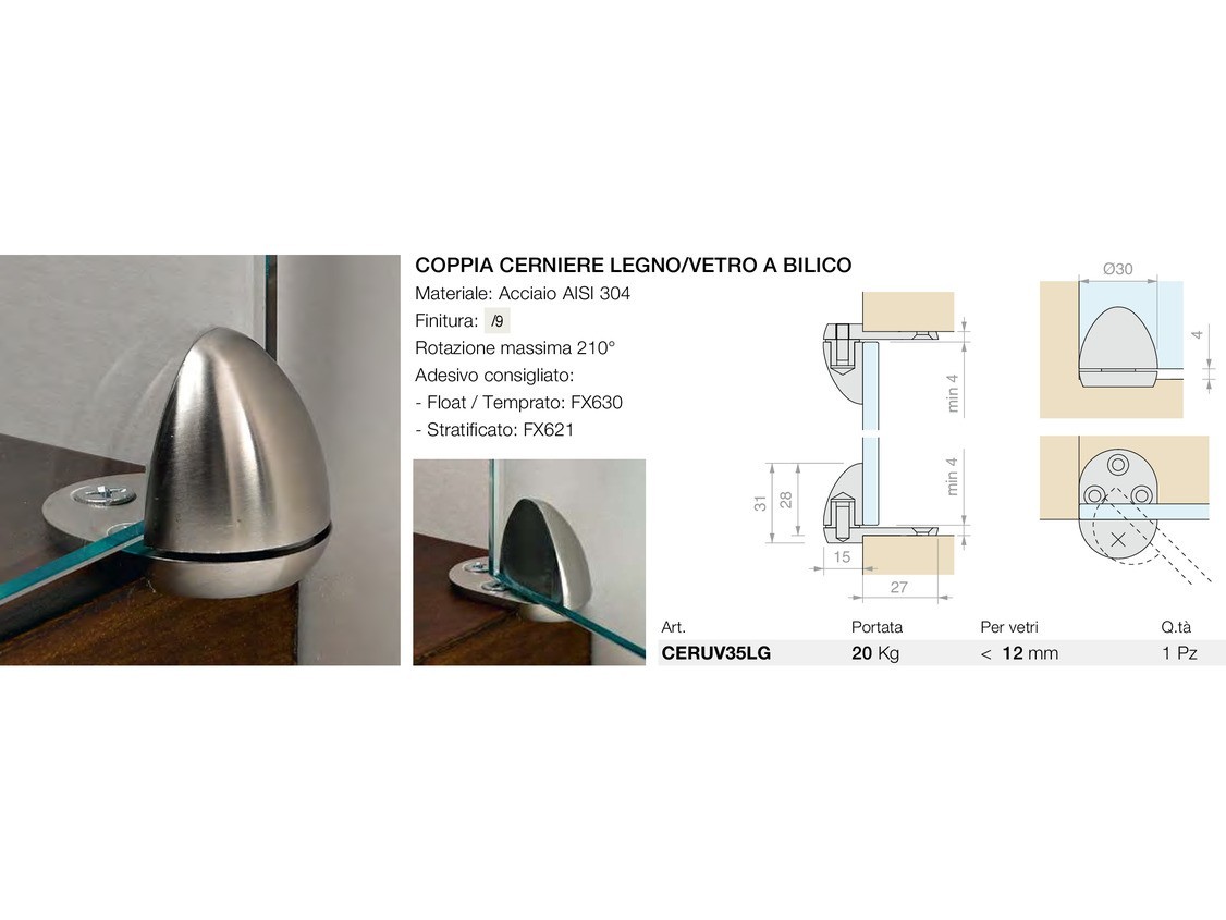 Coppia cerniere legno/vetro a bilico Logli Massimo Saint Gobain