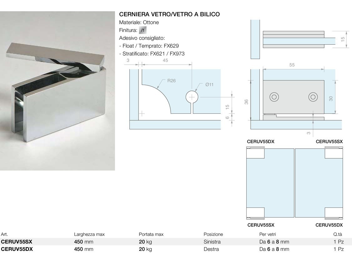 Cerniera vetro/vetro a bilico Logli Massimo Saint Gobain