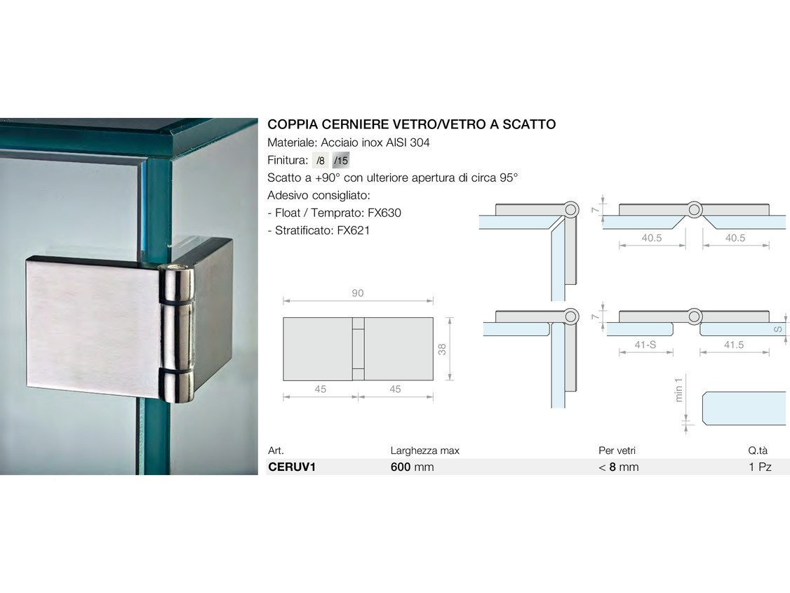 Coppia cerniere vetro/vetro a scatto Logli Massimo Saint Gobain