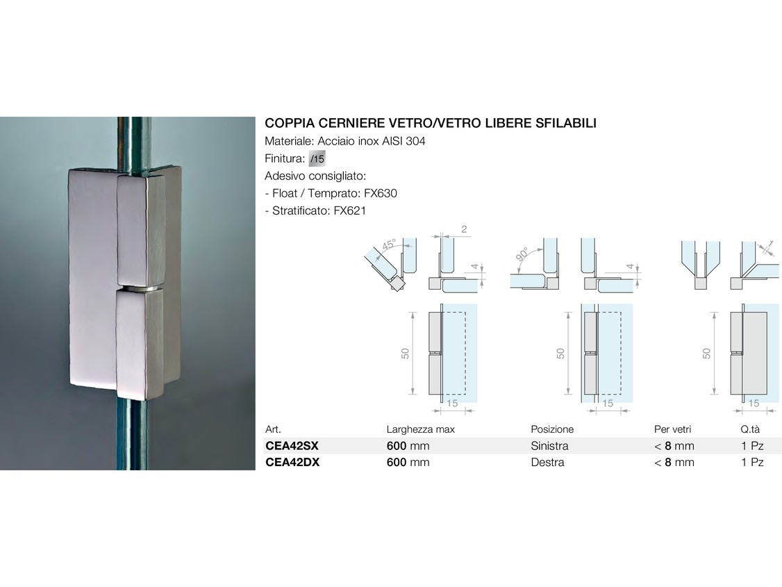 Coppia cerniere vetro/vetro libere sfilabili Logli Massimo Saint Gobain