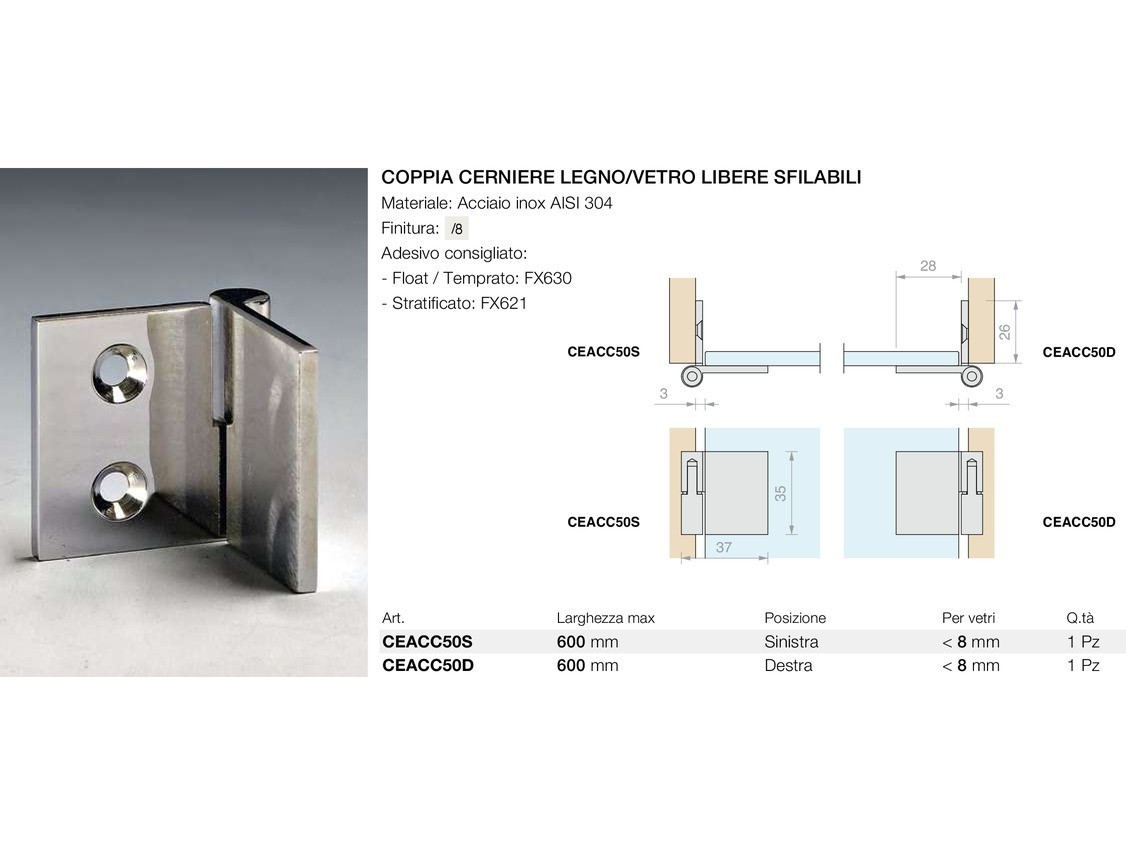 Coppia cerniere legno/vetro libere sfilabili Logli Massimo Saint Gobain