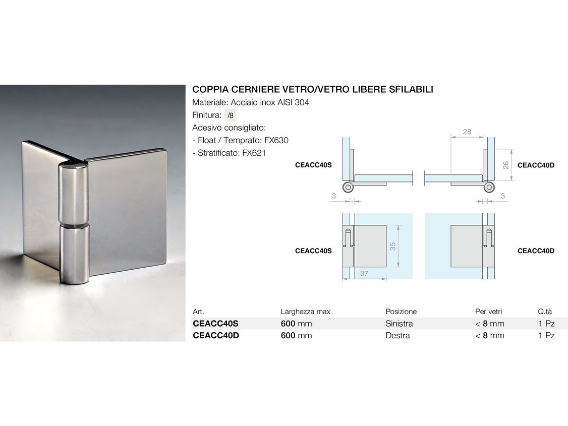 Coppia cerniere vetro/vetro libere sfilabili Logli Massimo Saint Gobain