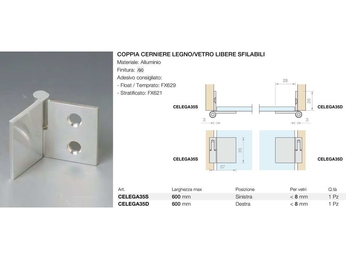 Coppia cerniere legno/vetro libere sfilabili Logli Massimo Saint Gobain