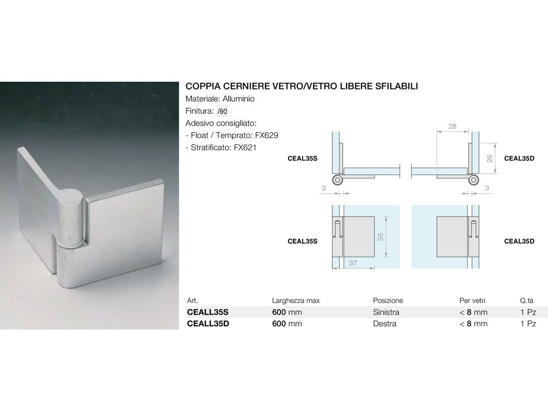 Coppia cerniere vetro/vetro libere sfilabili Logli Massimo Saint Gobain