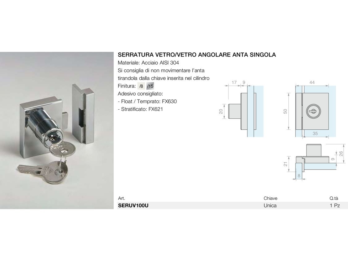 Serratura vetro/vetro angolare anta singola Logli Massimo Saint Gobain