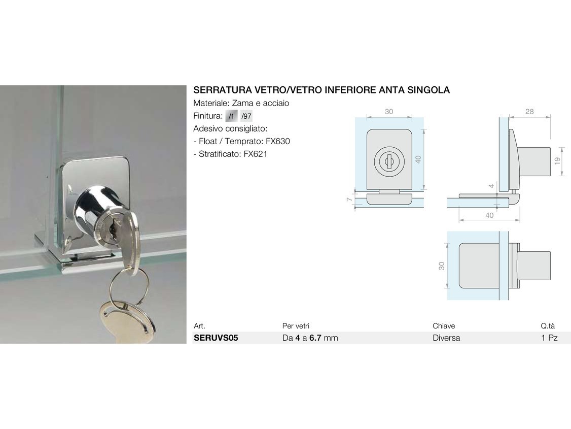 Serratura vetro/vetro inferiore anta singola Logli Massimo Saint Gobain