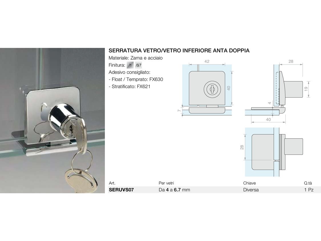 Serratura vetro/vetro inferiore anta doppia Logli Massimo Saint Gobain